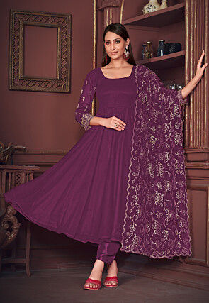 Embroidered Sleeve Georgette Anarkali Suit in Purple