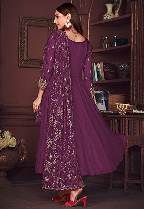 Embroidered Sleeve Georgette Anarkali Suit in Purple