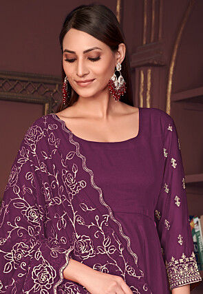 Embroidered Sleeve Georgette Anarkali Suit in Purple