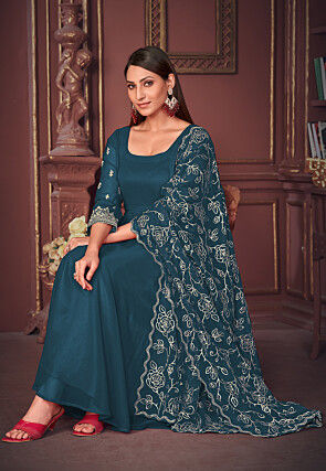 Embroidered Sleeve Georgette Anarkali Suit in Teal Blue