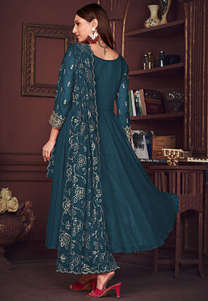 Embroidered Sleeve Georgette Anarkali Suit in Teal Blue