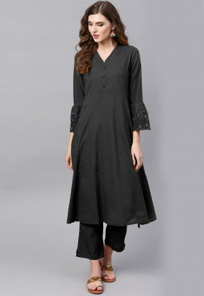 Embroidered Sleeve Rayon A Line Kurta in Black