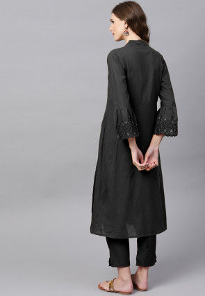 Embroidered Sleeve Rayon A Line Kurta in Black