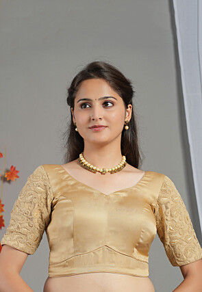 Embroidered Sleeve Shimmer Georgette Blouse in Beige