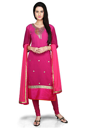 Embroidered Straight Cut Georgette Suit in Fuchsia