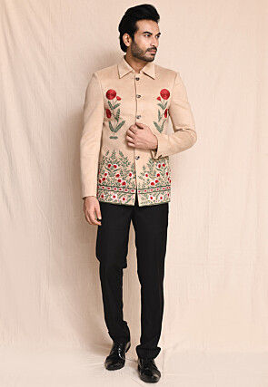 Embroidered Suede Bandhgala in Beige