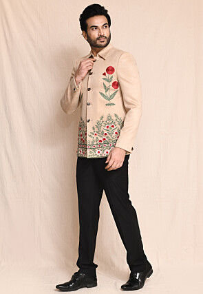 Embroidered Suede Bandhgala in Beige