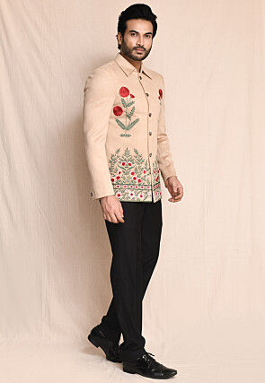 Embroidered Suede Bandhgala in Beige