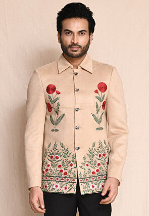 Embroidered Suede Bandhgala in Beige