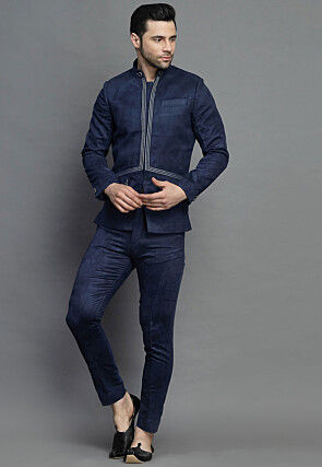 Embroidered Suede Bandhgala in Navy Blue