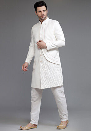 Embroidered Suede Sherwani in Off White