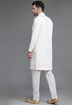 Embroidered Suede Sherwani in Off White