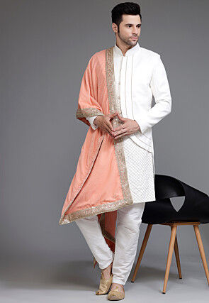 Embroidered Suede Sherwani in Off White