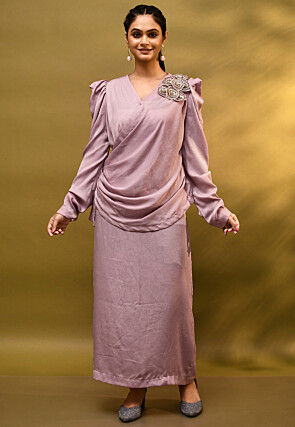 Embroidered Suede Top Set in Dusty Purple
