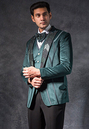 Embroidered Suede Tuxedo Set in Dark Green