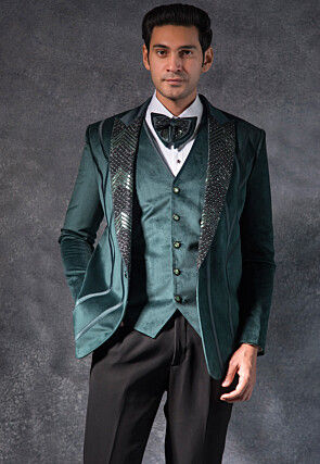 Embroidered Suede Tuxedo Set in Dark Green