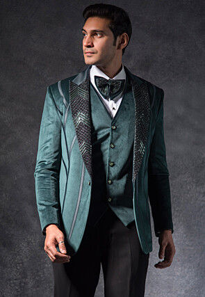 Embroidered Suede Tuxedo Set in Dark Green
