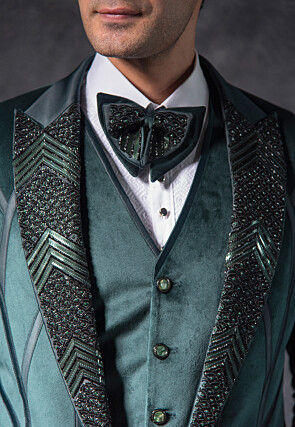 Embroidered Suede Tuxedo Set in Dark Green