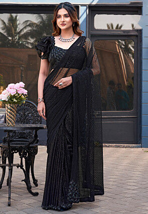 Embroidered Net Saree in Black