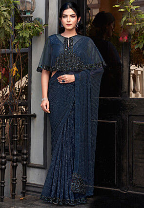 Embroidered Super Net Saree in Teal Blue