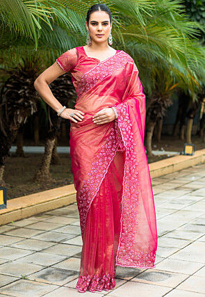 Embroidered Super Net Scalloped Saree in Pink