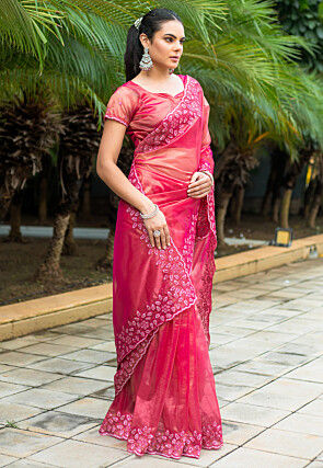 Embroidered Super Net Scalloped Saree in Pink