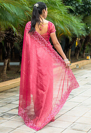 Embroidered Super Net Scalloped Saree in Pink