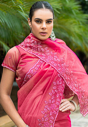 Embroidered Super Net Scalloped Saree in Pink