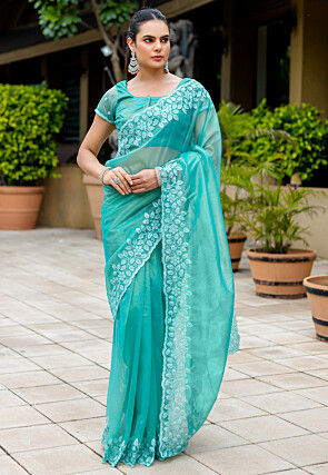 Embroidered Super Net Scalloped Saree in Turquoise