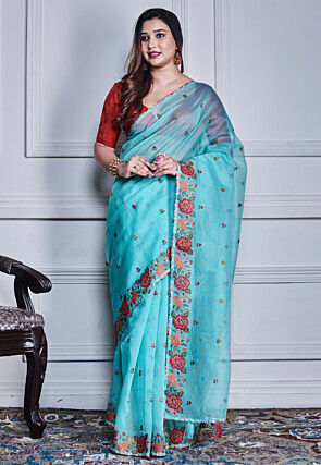 Embroidered Supernet Saree in Light Blue