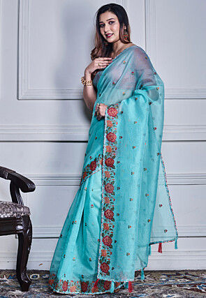 Embroidered Supernet Saree in Light Blue