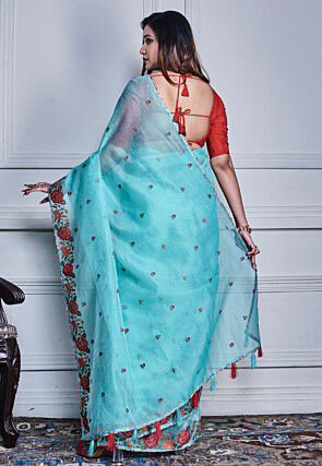 Embroidered Supernet Saree in Light Blue