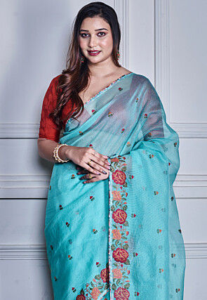 Embroidered Supernet Saree in Light Blue