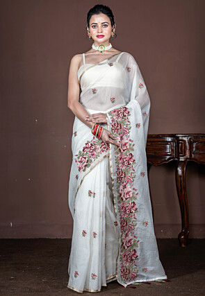 Embroidered Supernet Saree in Off White