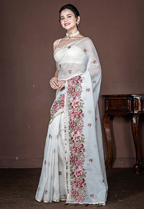 Embroidered Supernet Saree in Off White