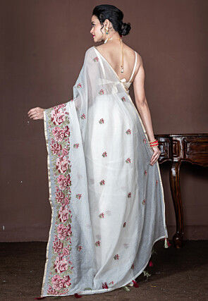 Embroidered Supernet Saree in Off White