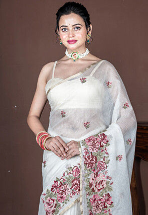 Embroidered Supernet Saree in Off White