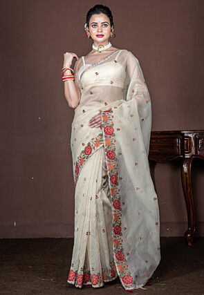 Embroidered Supernet Saree in Off White