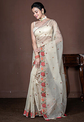 Embroidered Supernet Saree in Off White