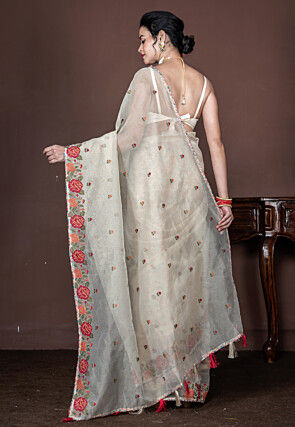 Embroidered Supernet Saree in Off White
