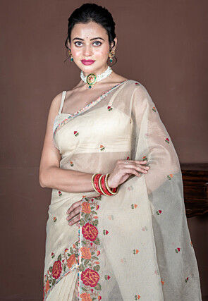 Embroidered Supernet Saree in Off White