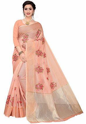 Embroidered Supernet Saree in Peach