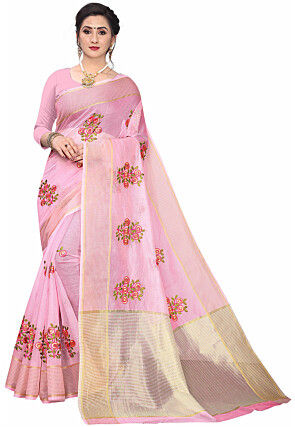 Embroidered Supernet Saree in Pink