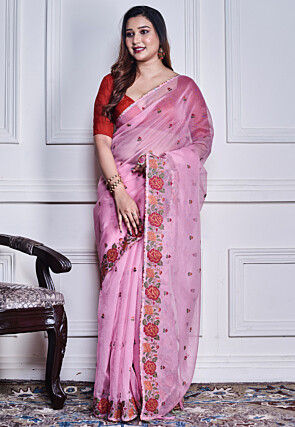 Embroidered Supernet Saree in Pink