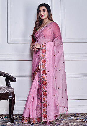Embroidered Supernet Saree in Pink