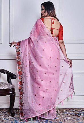 Embroidered Supernet Saree in Pink