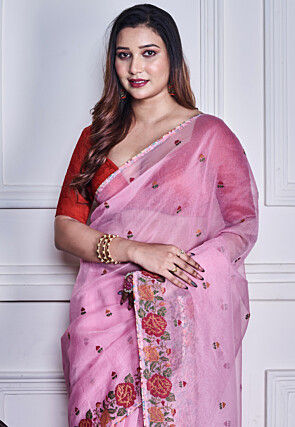 Embroidered Supernet Saree in Pink