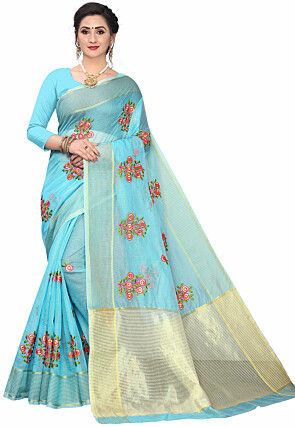 Embroidered Supernet Saree in Sky Blue