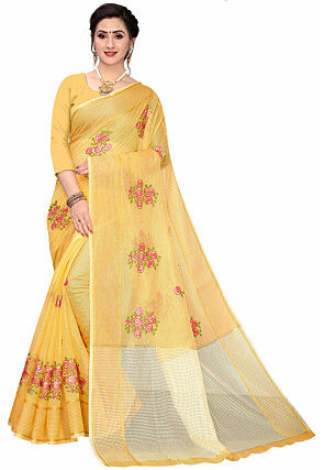 Embroidered Supernet Saree in Yellow
