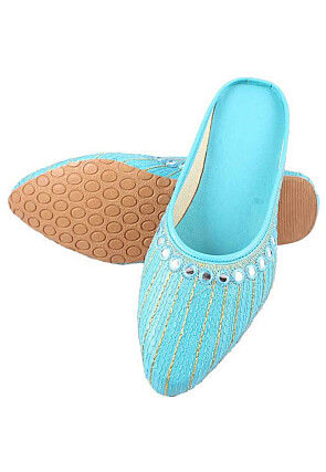 Embroidered Synthetic Women Jutti in Turquoise